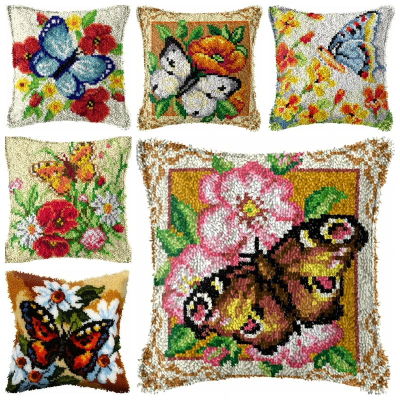 

Butterfly Latch Hook Kit Mats Cushion Pillow DIY Crafts Flower Cushion Embroidery Latch Hook Rug Needlework Button Packages