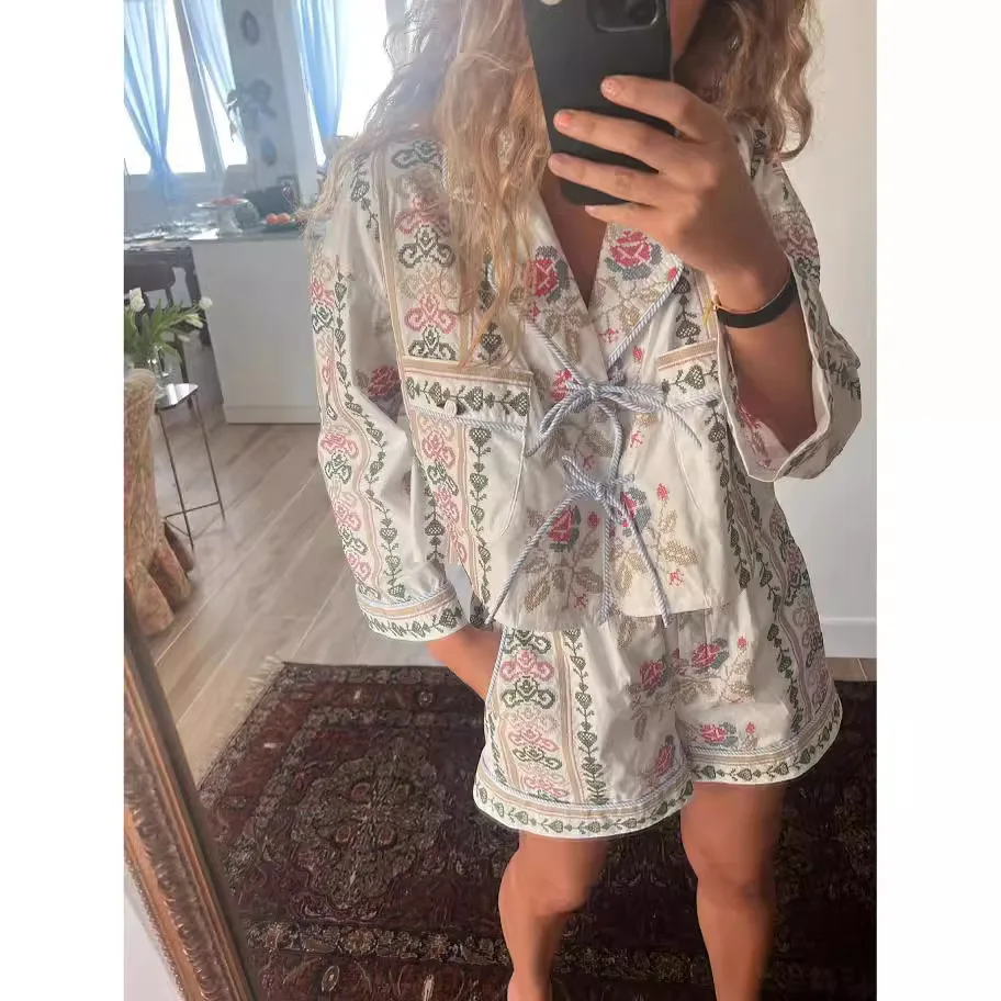 2 Piece Women Vintage Printing Flowers Front Tie Up Bowknot Full Sleeve Blouse T-shirt + Shorts Fairy Cottage Y2K Streetwear