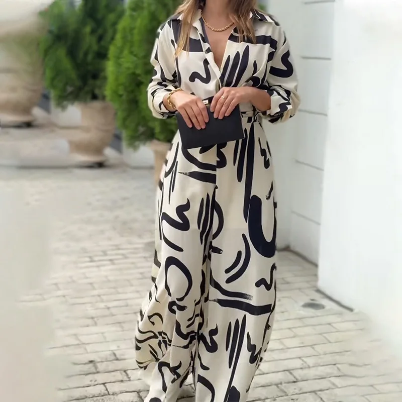 بذلة نسائية أنيقة عالية الخصر مطبوعة ، طية صدر بأكمام طويلة ، ساق واسعة بأزرار ، تنقل للسيدات ، موضة جديدة ، الخريف ،