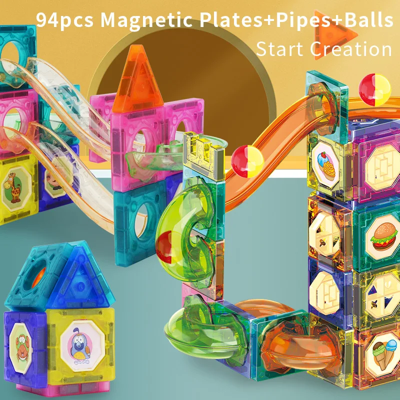 Children 94PCS 3D Magnetic Track Building Blocks DIY Educational Marble Run Tracks Puzzle Pipeline Assembly Toys Kids Gifts