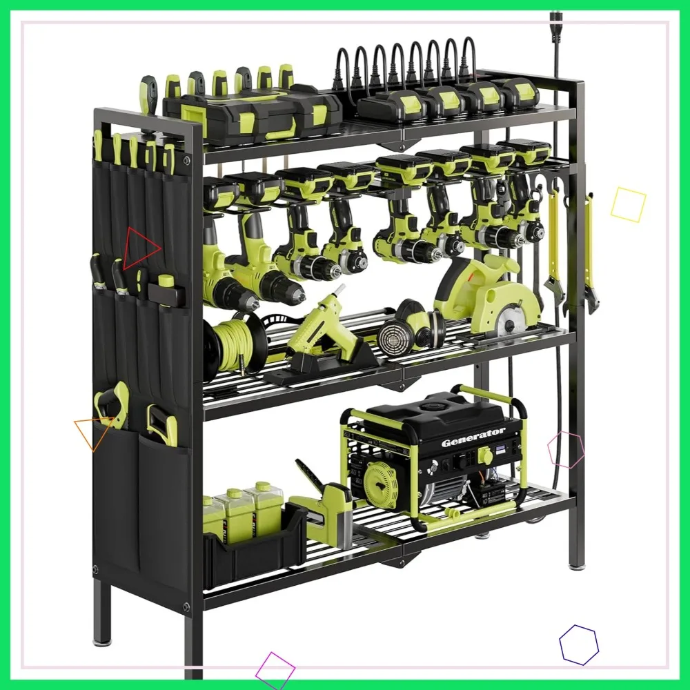 

Усиленная тележка для инструментов с зарядной станцией и 8 держателями для дрелей, черная, для гаражного хранения, обеспечивающая устойчивость