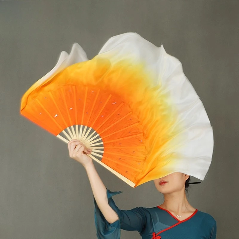 1 Pair Real Silk Veil Chinese Folk Dance Fan Bamboo Ribs Double Sided Performance Props Short Fan Veils Gradient Yellow