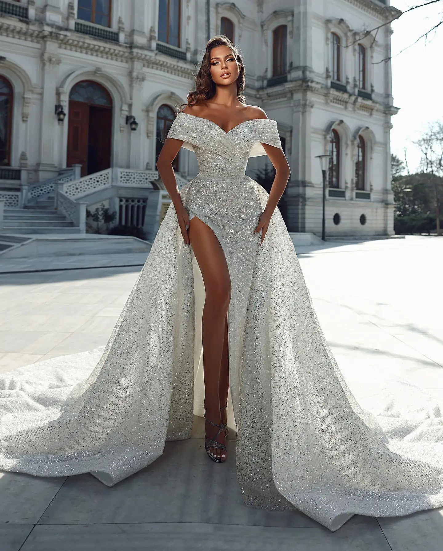 

Sparkly Sequin Mermaid Wedding Dresses for Bride 2025 Off the Shoulder Detachable Skirt Bridal Dress Gowns
