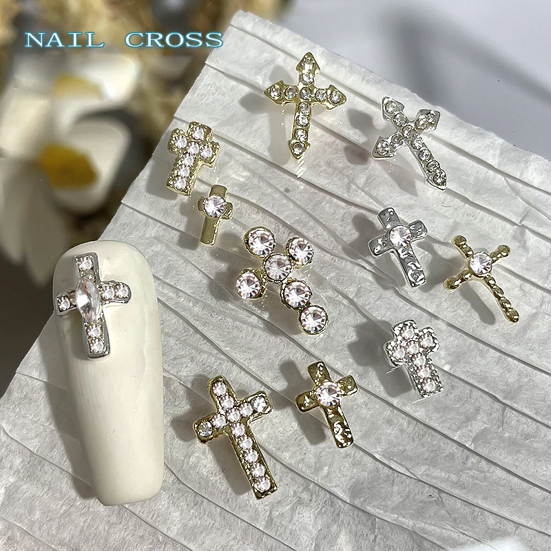 20pcs Glitter Cross Nail Art Design Vintage Alloy Gold Silver 3d Nail Rhinestone Charms Diamond Jewelry for  Nails Decoration-ZS