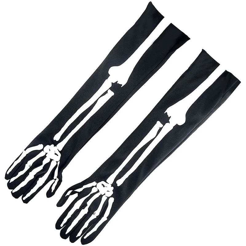 Unisex Winter Adult Halloween Skeleton Skull Full Finger Long Gloves Glow in The Dark Stretch Cosplay Goth Mittens Accessories