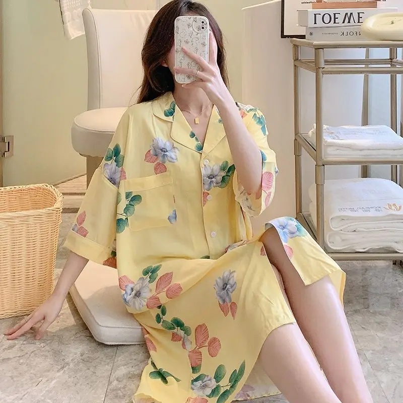 Poplin Pajamas Women\'s Summer Thin Artificial Cotton Nightdress Simple Printed Large Size Homewear Casual Fashion Sleepwear 2024