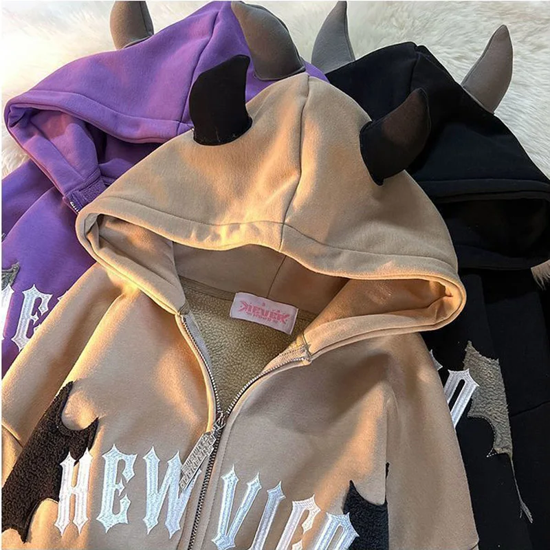 Veste à capuche zippée gothique pour hommes et femmes, sweat-shirt zippé, vêtements Kawaii, Harajuku, Hip Hop Dark Bat Wing, SAFHorn, Y2K, hiver