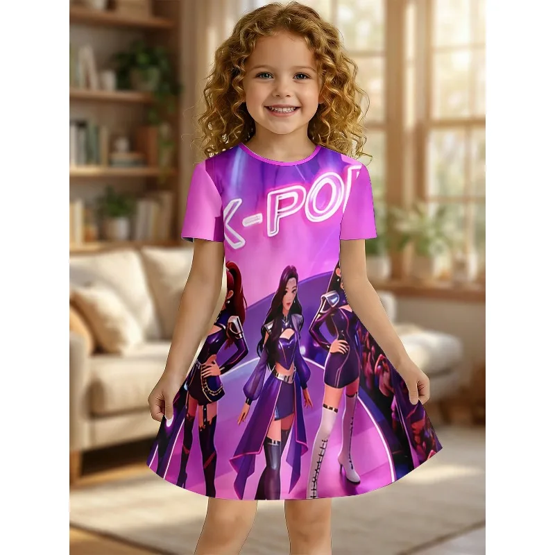 Girl K-Pop Idol Group Neon Print Dress, Purple Stage T-shirt Dress, Suitable for Children's Birthdays, Gifting and Parties