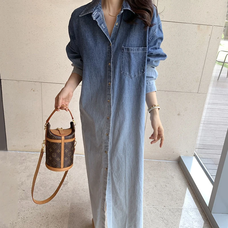 

Chic adient Dyeing Design Loose Long Sve Denim Dr Turn-down Collar Single Button Korean Sle Casual Long Dr