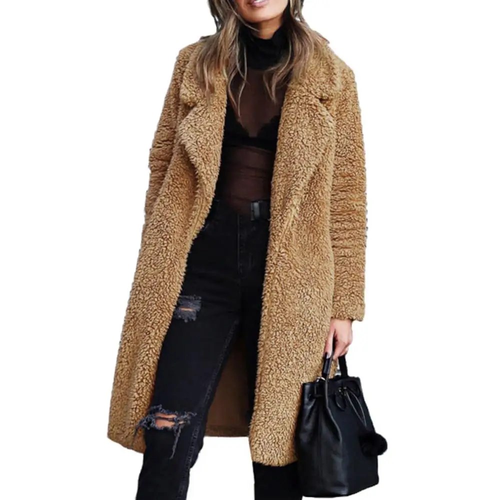 Women Winter Thicken Plush Lapel Solid Color Long Sleeve Warm Cardigan Midi Coat Winter Keeep Warm Overcoat Plush Woolen Jacket