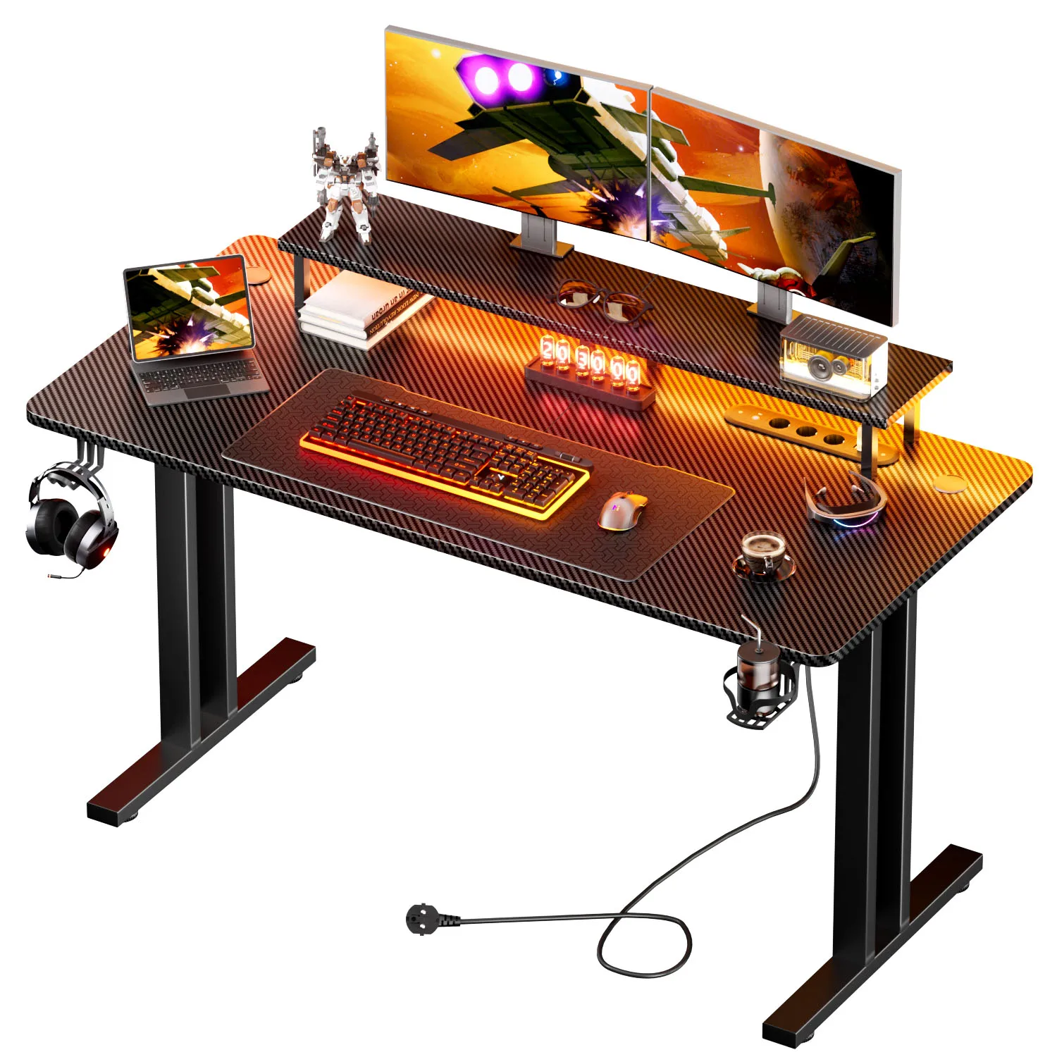 Ergonomischer Gaming-Schreibtisch mit Steckdosen, Tischplatte aus Kohlefaser mit Getränkehalter und Kopfhörerhaken, Gaming-Schreibtisch mit Monitorständer