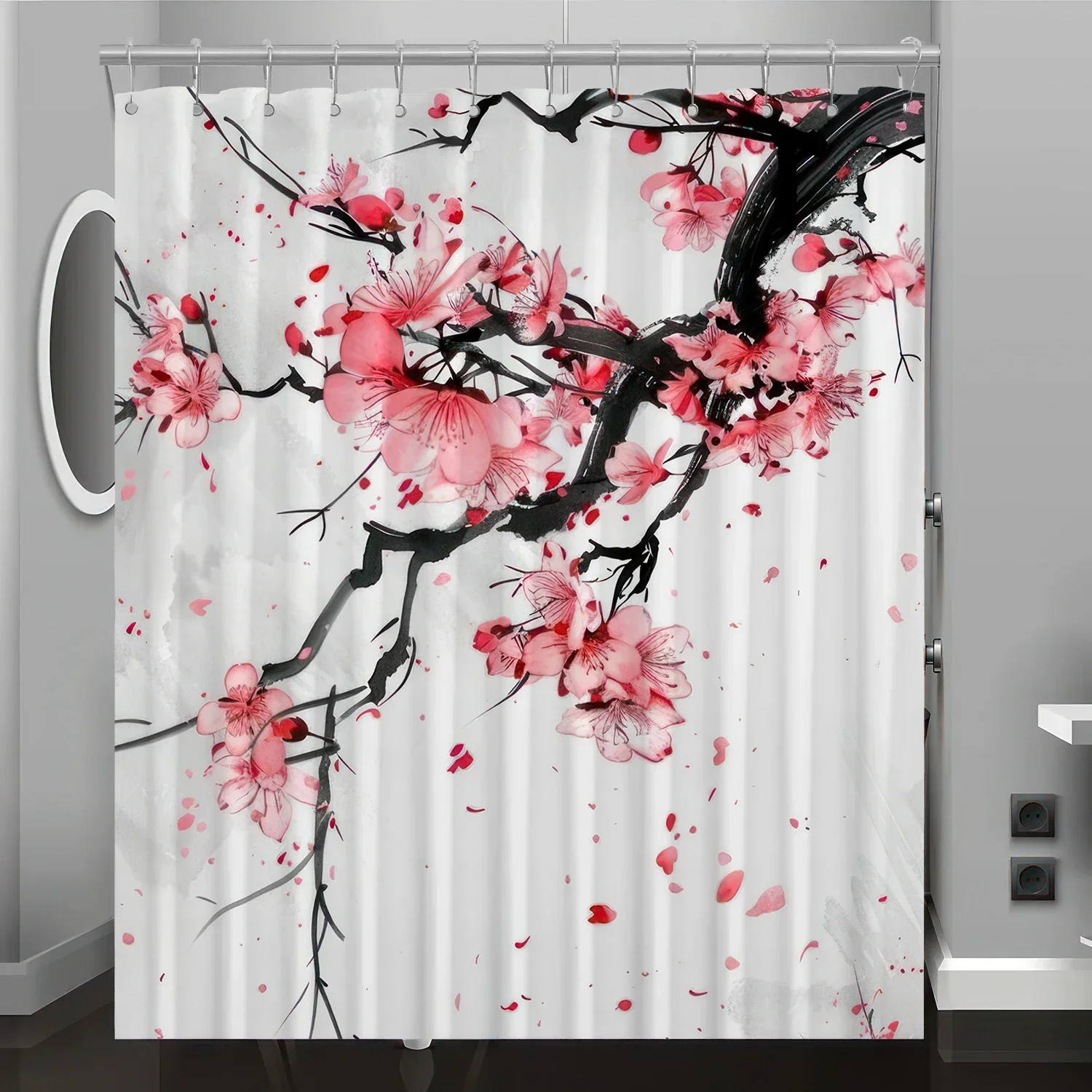 

Plum Tree Pattern Digital Print Shower Curtain, Bathroom Renovation Home Decoration, Free Hooks