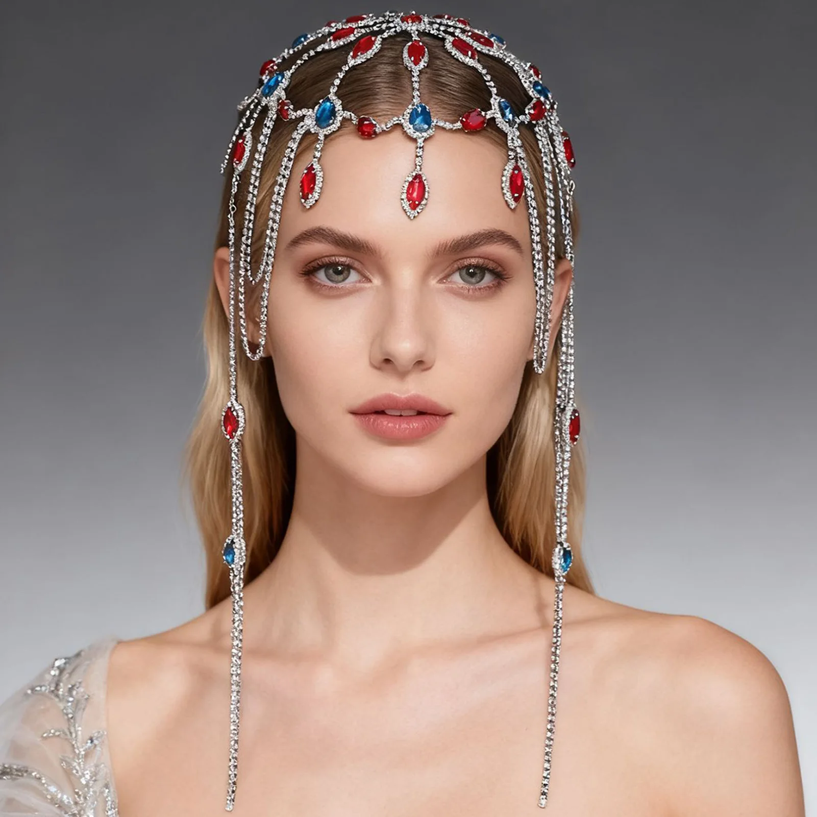 

Fashion Red Rhinestone Tassel Headband Bridal Wedding Women Bride Party Hairband Forehead Chain Hair Accessories Hair Chain Gift
