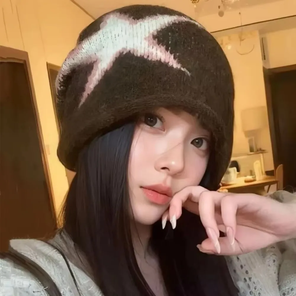 Soft Jacquard Star Knitted Hat Pentagram Brimless Pullover Cap Elastic Hip Hop Y2k Beanie Hat Female/Male