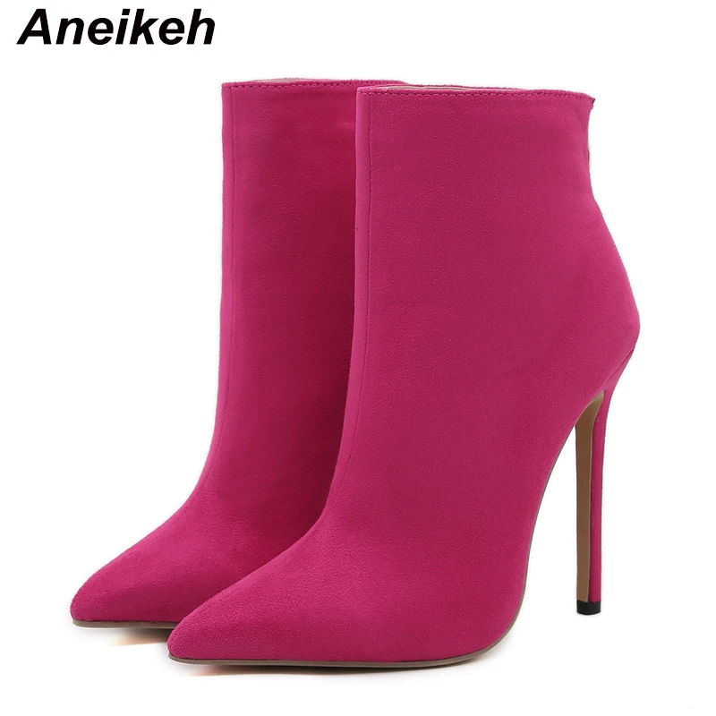 Aneikeh 2024 New Women Ankle Boots Sexy Pointed Toe Thin High Heel Zippers Ladies Party Dress Wedding Shoes Rose Red Size 35-42