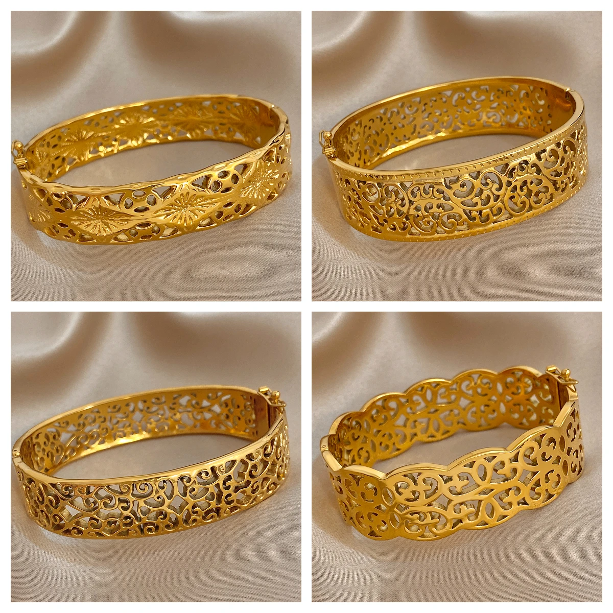 Flashbuy New Creative Design Unique Chic Hollow Flower Pattern Stainless Steel Bracelets Bangles High Quality Gold Color Jewelry
