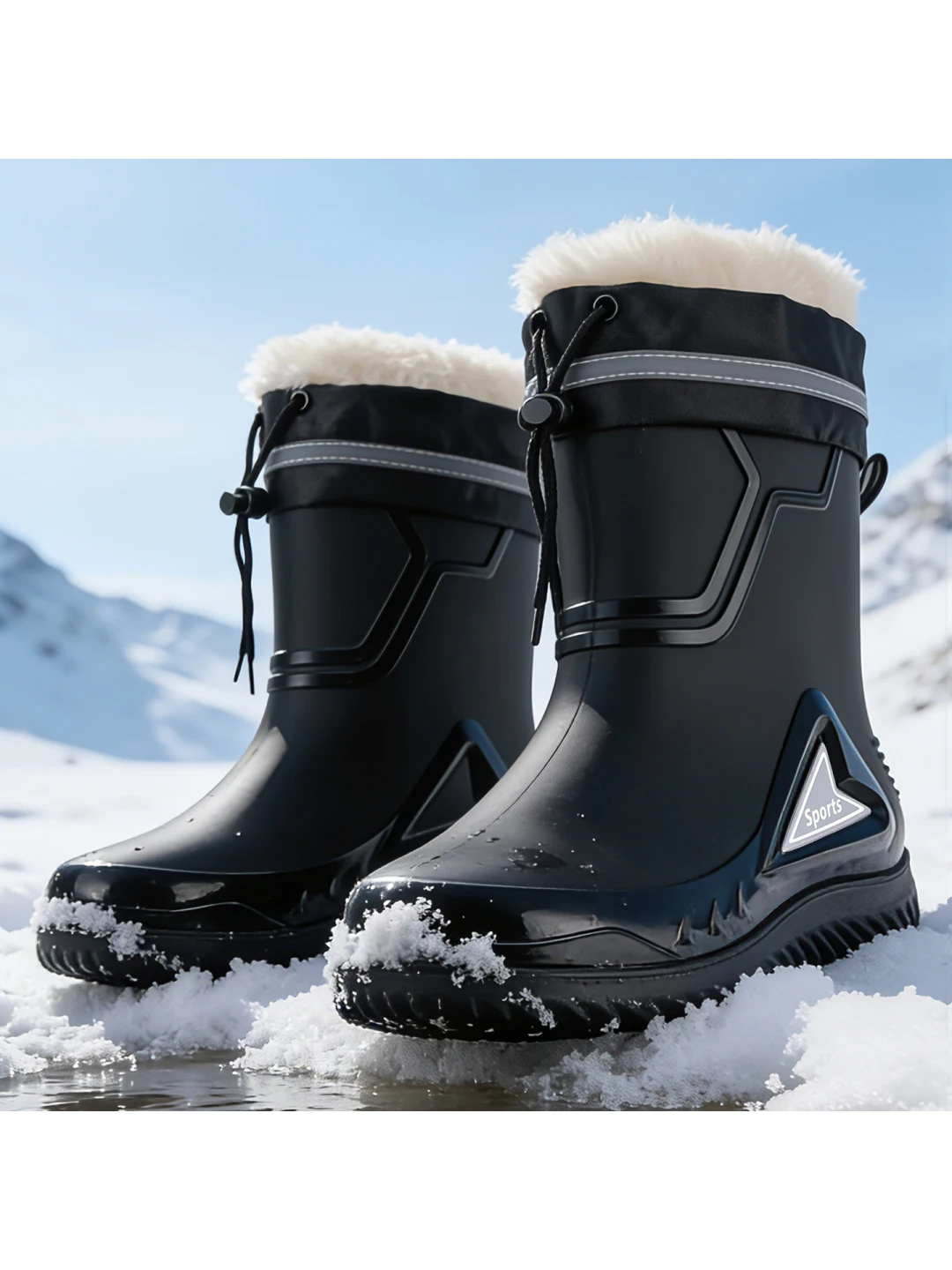 Thickened Fleece Lined Rain Boots Men's Autumn Winter Large Size 48 Waterproof Windproof Night Reflective Strip Shoes