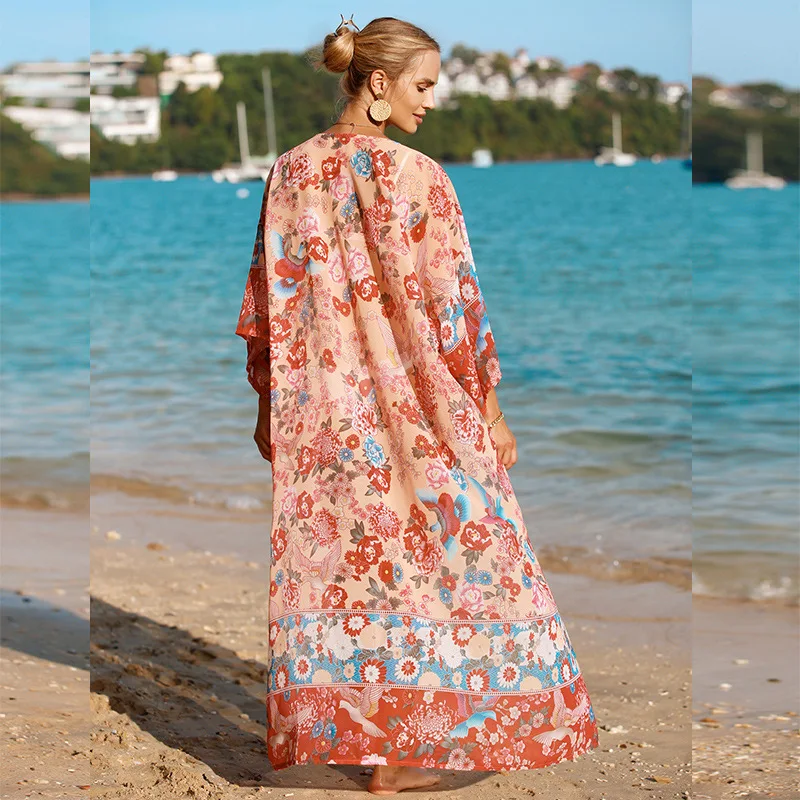 Floral Printing Long Dress for Women Summer Cardigan Dresses Chiffon Sun Dress Maxi Bohemian Swimming Bath Eixts Outifts Blouse