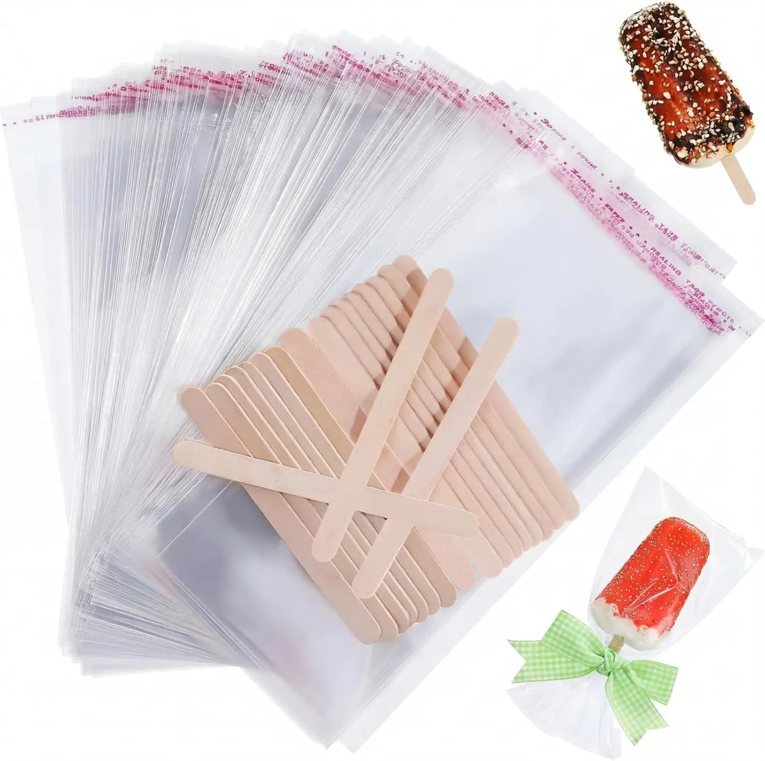 

400 Pcs Ice Cream Sticks & Bags Set - 300 Self-Adhesive Clear Bags + 100 Wooden Sticks for DIY Popsicle Making