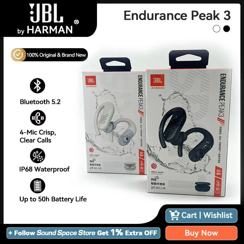 JBL Endurance Peak 3 Original Bluetooth 5.2 Sport Earphone True Wireless Earbuds Ear Hook Ambient Aware & Talk Thru 50h Playtime