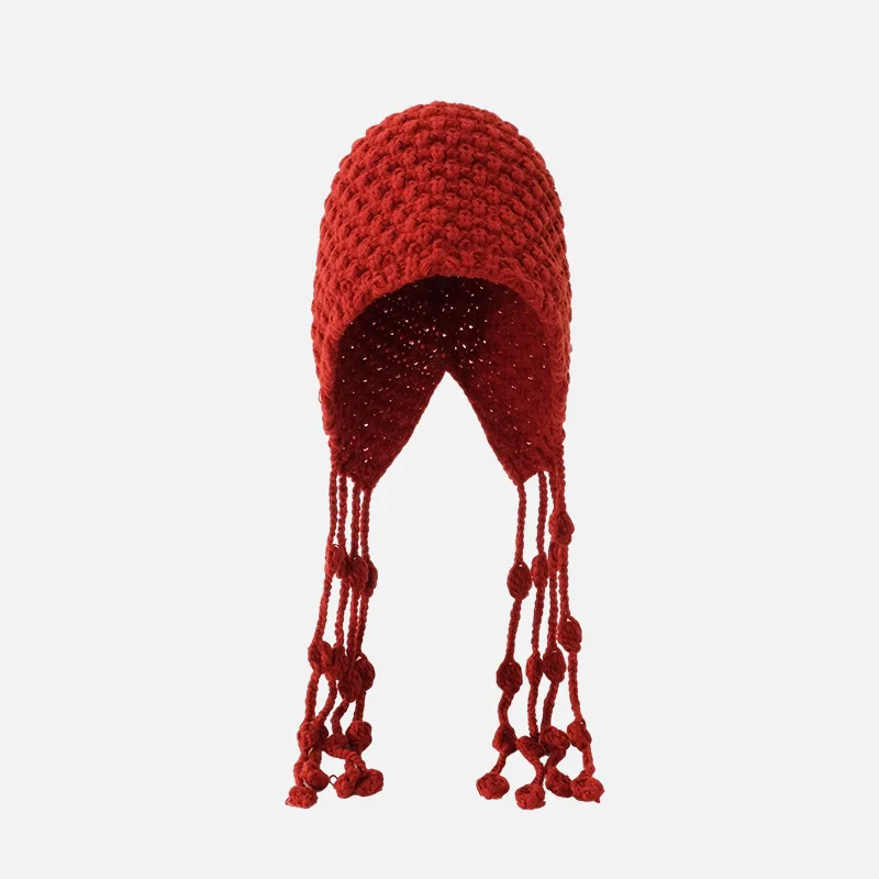 Autumn and Winter Warm Woolen Hat Hand-Knitted Cut Out Baotou Hat Ethnic Style Tassel Ear Protection Pullover Knitted Hat