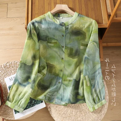 

2024 Autumn Female Floral Shirts Korean Style Long Sleeve Vintage Prinitng Women's Cotton Linen Blouses Button Fly Lady Shirt