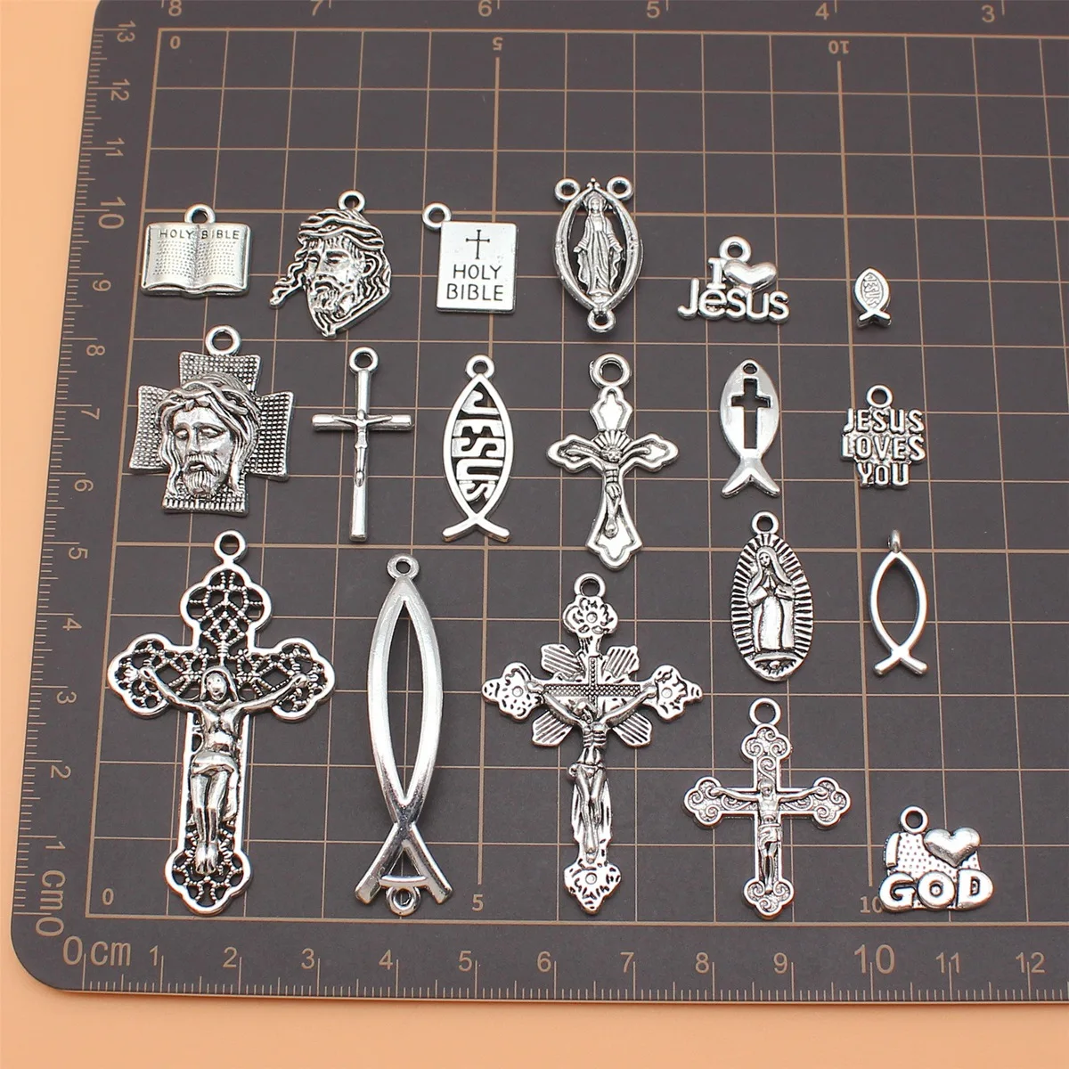 19pcs Antique Silver Color Christian Jesus Fish Cross Bible Virgin Mary Charms Collection, 19 Styles, 1 of Each