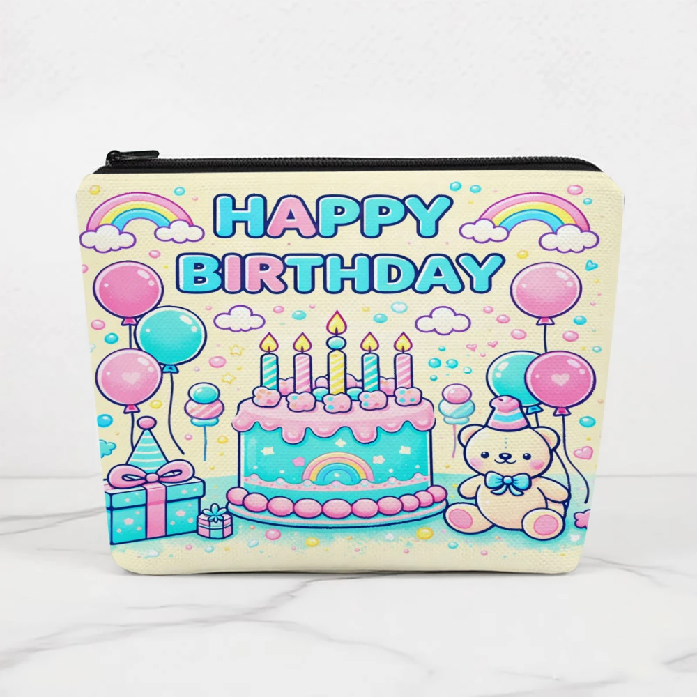 Happy Birthday Cake Balloons Bear Makeup Bags for Girls Cosmetic Pouch Toiletry Bag Pencil Case Travel Storage