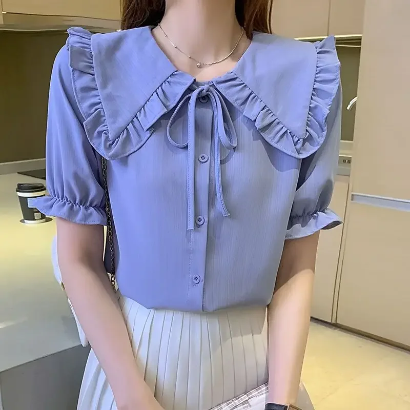 With Bow Crop Summer Frill Shirts & Blouses for Women Woman Top Ruffle Y2k Fashion Elegant and Youthful Fine New 2024 S Cool M