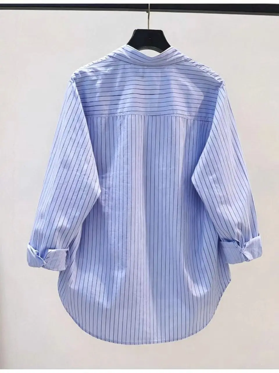 Blue Striped  Embroidery Women's Shirt Sun Protection Loose Fit Button up Korean Style Long Sleeve  Neckline Breathable