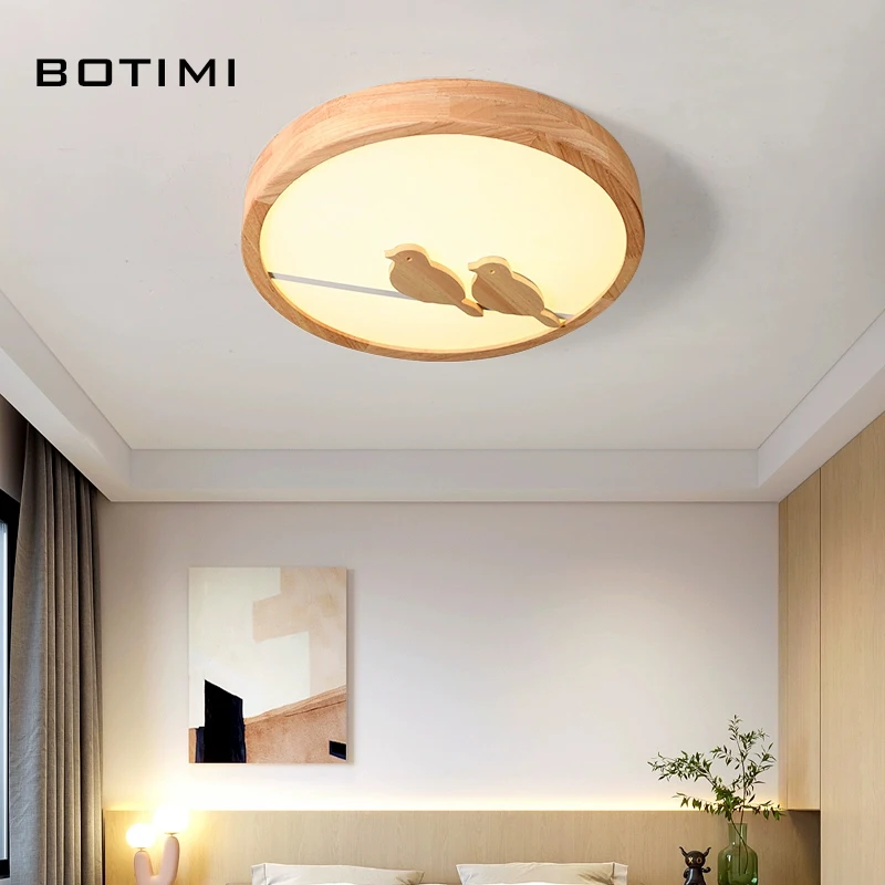 BOTIMI أضواء السقف LED الخشبية الصلبة المستديرة مع الطيور لغرفة المعيشة عن بعد سطح شنت إضاءة غرفة النوم مصباح الغرف الحديثة #1