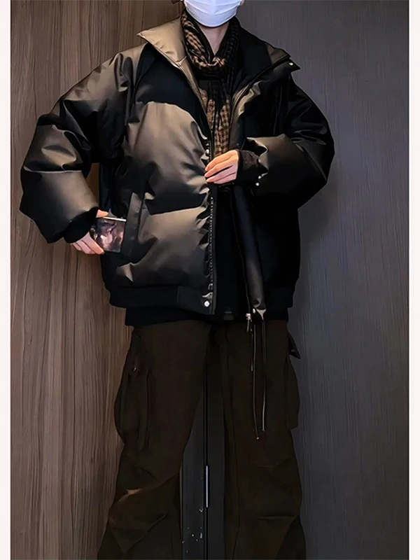 

American Sle Thiened Warmth Men's down Jaet Bla Stand Collar PU Leather Cotton Coat Winter Waterproof Outdoor Wear