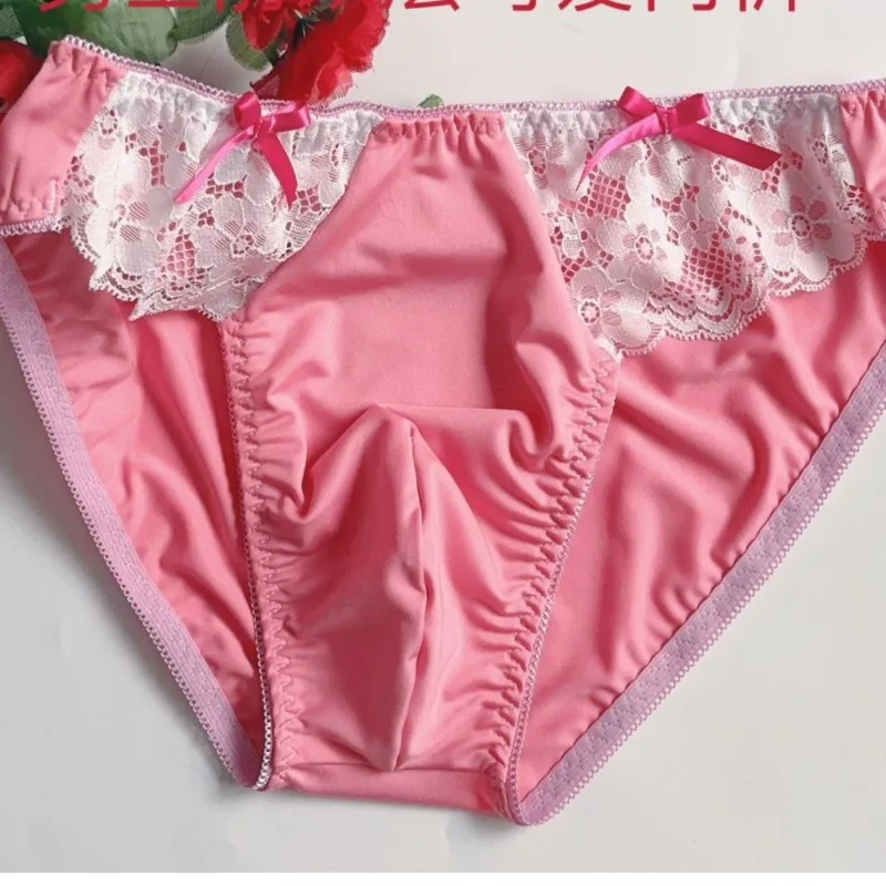 Men's Pink Bowtie Briefs Cute White Lace Triangle Panties Sissy Sweet Low Waist Underwear, Cosplay Daily Wear