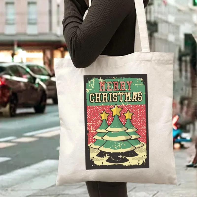 

Retro Christmas Tree Canvas Shoulder Bag Letter Print Distressed Texture Women's Holiday Gift Tote Handbag for Holiday Party