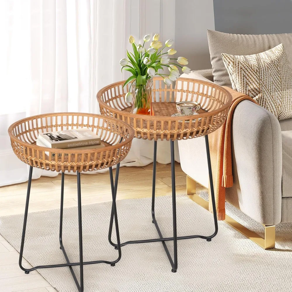 طاولات قهوة متداخلة من الخيزران بأرجل معدنية، مجموعة من 2 لمساحات المعيشة على الطراز البوهيمي والشرفات الخارجية