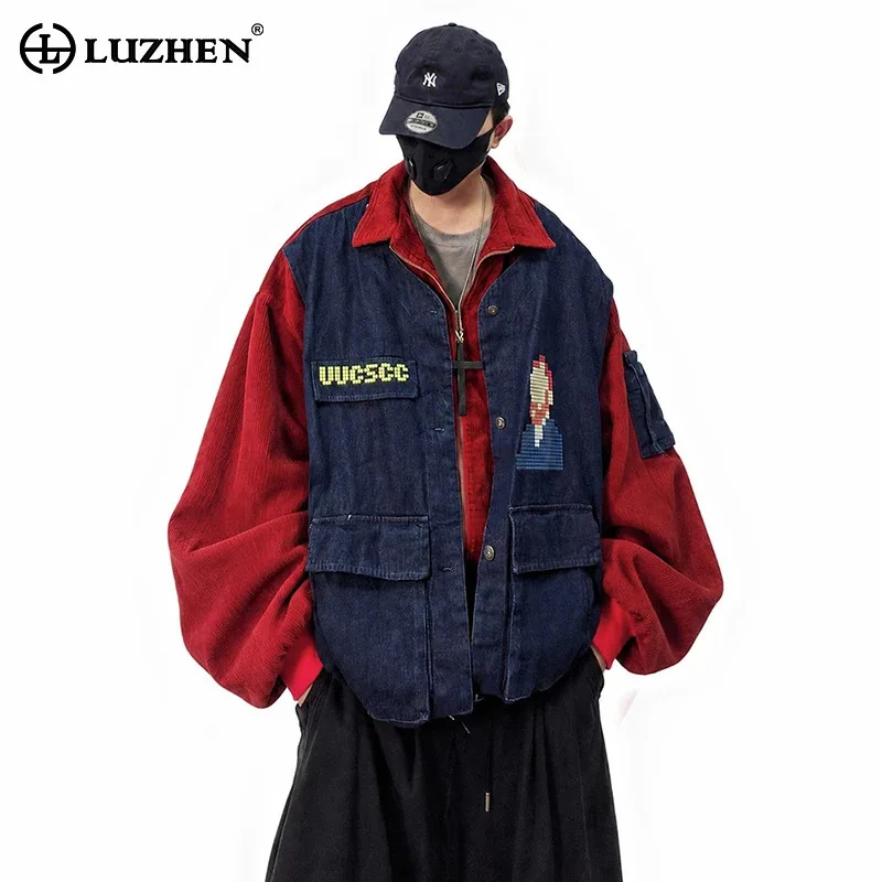 LUZHEN 2026 New Fashion Hip-hop Style Multi Pockets Decorate Fake Two Piece Design Denim Jacket Men's Loose Street Coat JY9525