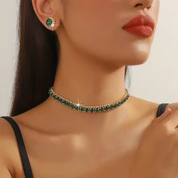 Inlaid Green Rhinestone Necklace Earring Set for Women Luxury Choker Necklace Stud Earrings Bridal Wedding Party Jewelry Sets
