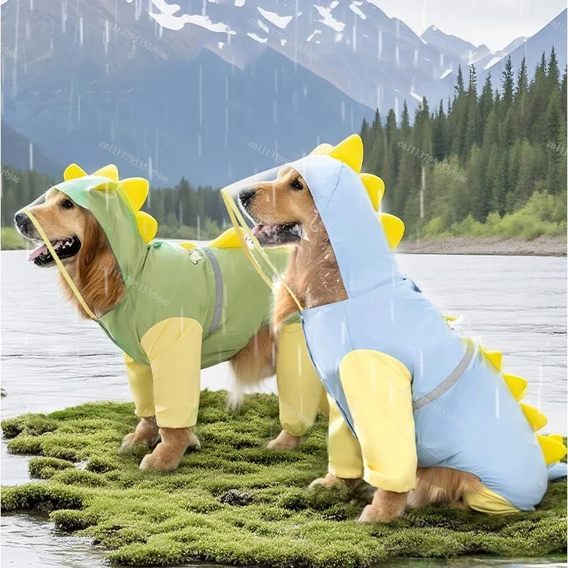 Large Medium Dinosaur Dog Raincoat Waterproof Four Legged Hooded Clothes Golden Retriever Pet Tailcoat Rainy Dog Walking Clothes
