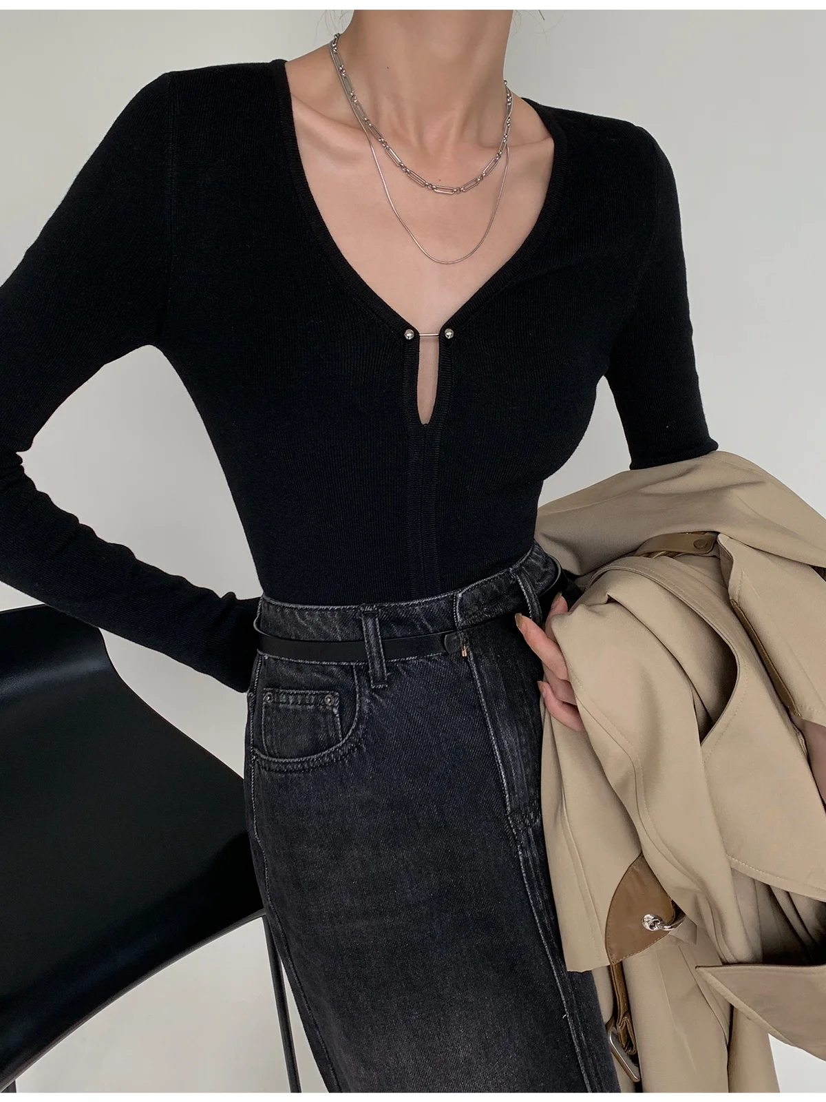 

Women's Long Sve V-Ne Knitted Wool Base irt Winter White Casual Sle Universal Fit Slimming Polyester Acrylic Nylon