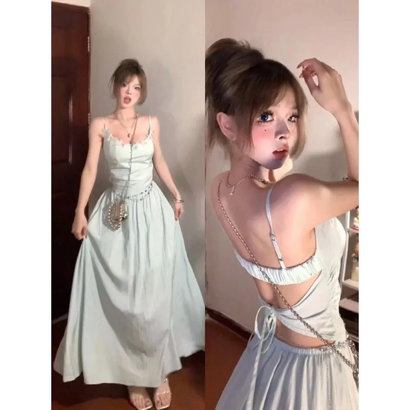 

een Bal Strap Dr Women's Summer Beach Vaion High Waist A-Line Long Dr Pure Desire Sle No Sve Polyester