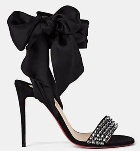 

Black Purple Crystal Spike Ankle Lace Up Bow Tie Thin High Heel Runway Fashion Women Dress Shoes Open Toe Stiletto Heel Sandals