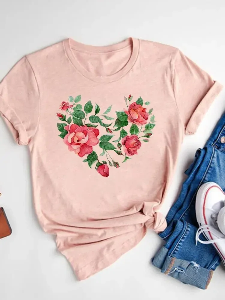 Women\'s Watercolor Love Heart Print T-Shirt Short Sleeve Tee Basic Clothing Summer Top Graphic Clothes Sweet Fashion