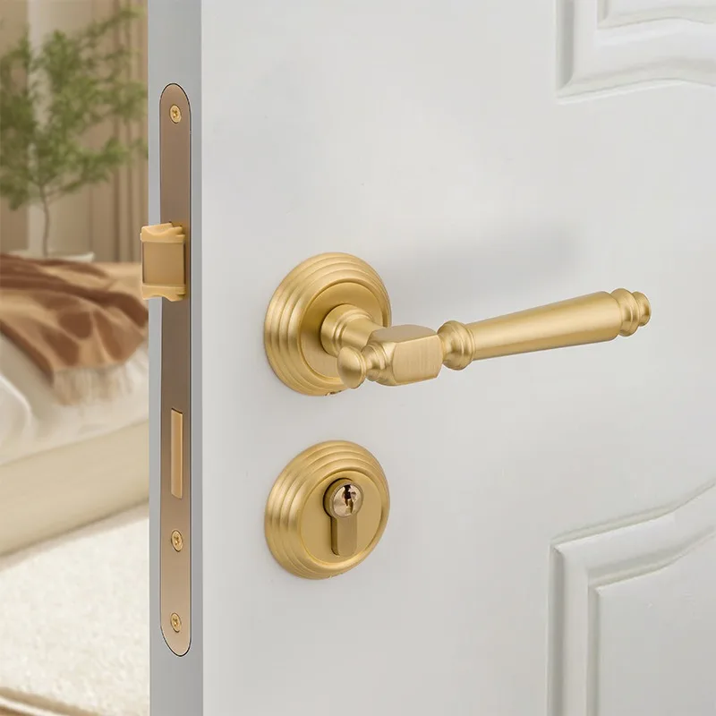 Full Copper French Gold Silent Door Lock, Handle for Villa Bedroom Wooden Door
