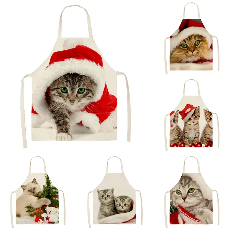 Christmas Cute Santa Hat Cat Dog Pattern Linen Stain Resistant Sleeveless Apron Baking Accessories Kitchen Cooking