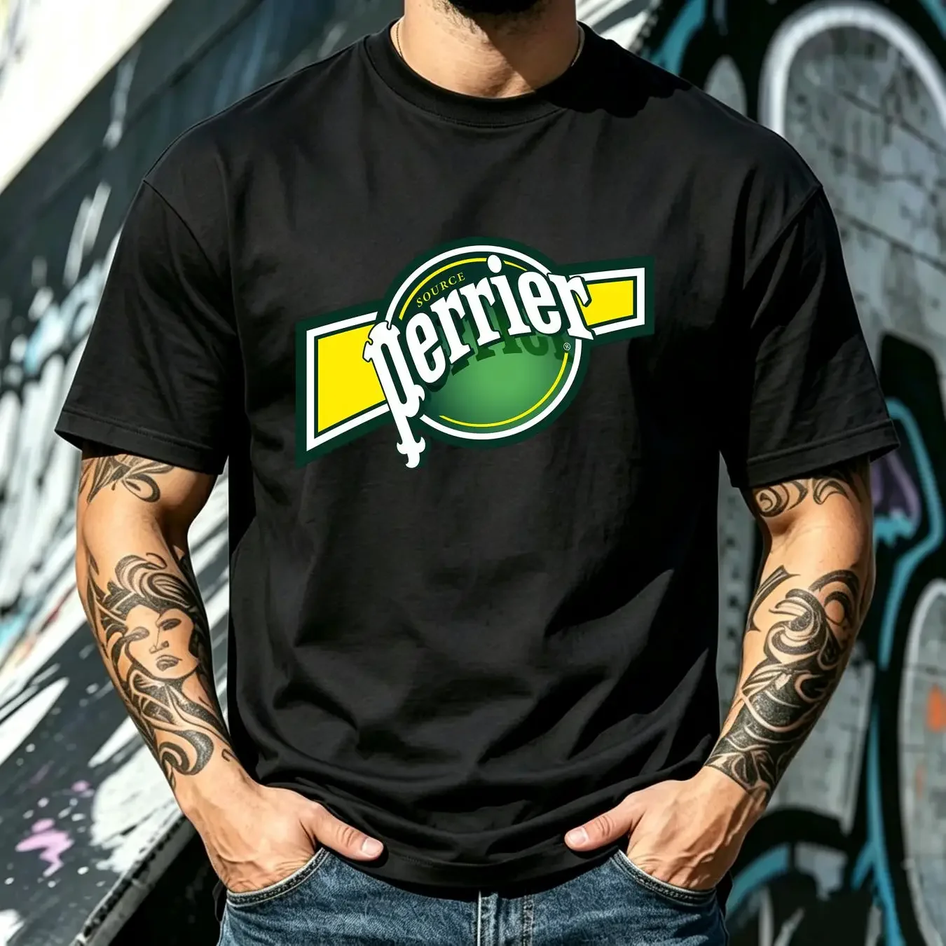 washed T Shirt Perrier Sparkling Water Drink Logo Men's White Size S 3XL vintage Washed Stretched Versatile Comfortable