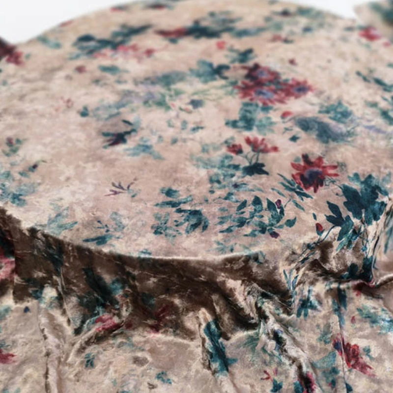 Golden Brick Velvet Printed Fabric with Four Sides Elastic Large Flower Dress Half Skirt Casual Wear Fashion Diy Material Cloth