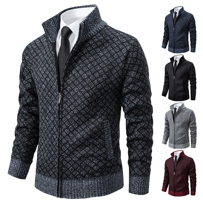 Male Knit Jacket Winter Plush Coat Men Zip Up Sweater Cardigan Grey Wine Red Plaid Knit Outwear Sweaters Jackets