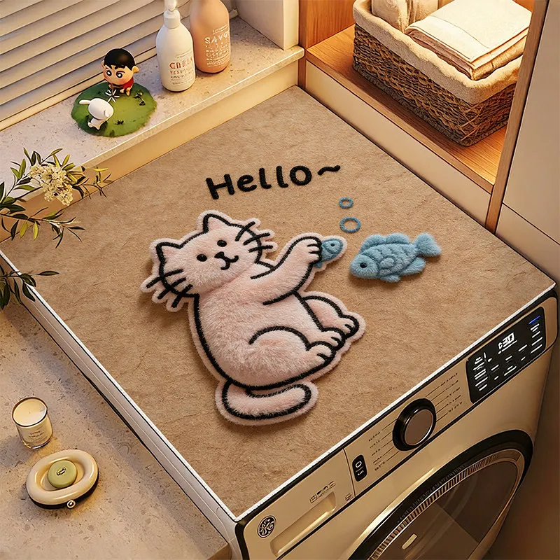 VIKAMA Ins Retro Patchwork Black Cat Washing Machine Cover Pad Anti-Slip Drum Washing Machine Dust Pad Home Decoration