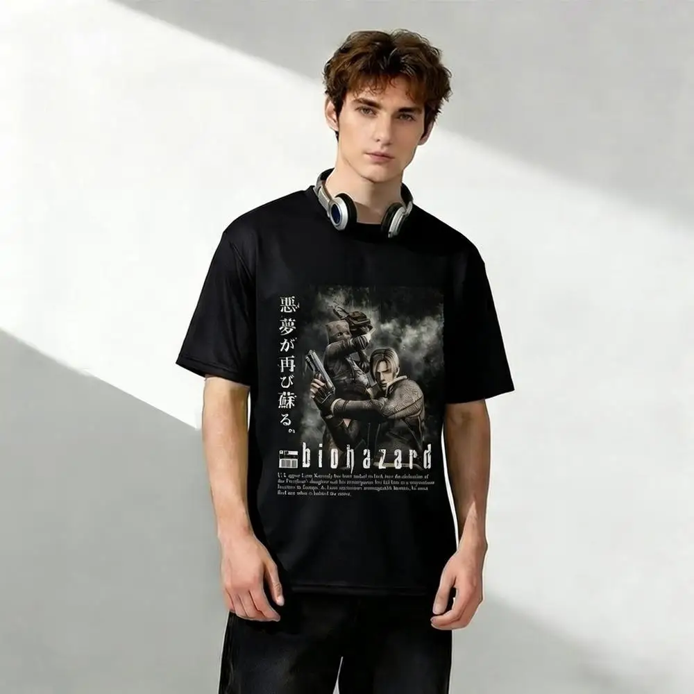 

90s American Retro Horror Theme T-Shirt Leon Kennedy Printed Short-Sleeve Tee Men's And Women's Street Style Crew Neck Top