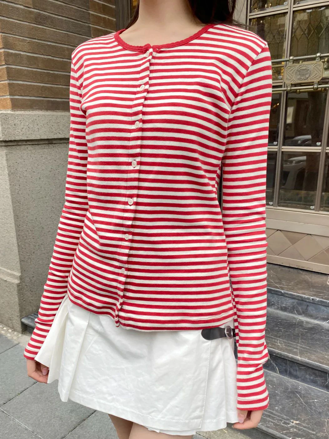 الأحمر مخطط كم طويل تي شيرت المرأة طاقم الرقبة واحدة الصدر سترة تي شيرت الخريف Vintage عادية الحلو سليم القمم تيز